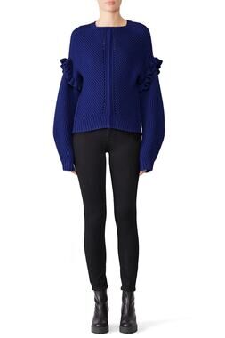 Jason Wu READ Womens Small Blue Cashfeel Ruffle Wool Sweater Quiet Luxury S3-6